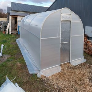 Medium sized domestic greenhouse with house in the background