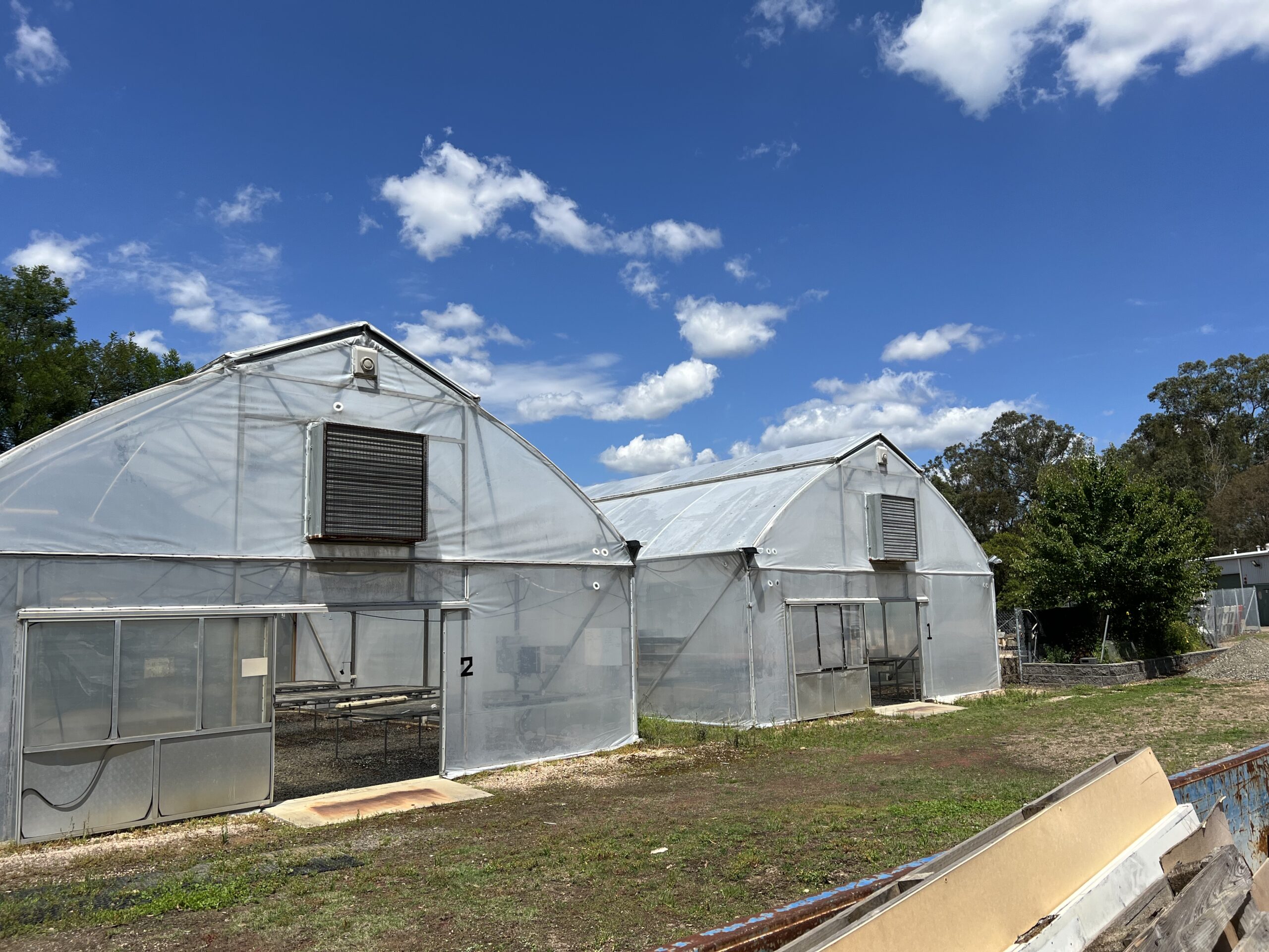 2 education facilities seen from the outside one next to the other - side angle but front only visible - blue sky with clouds